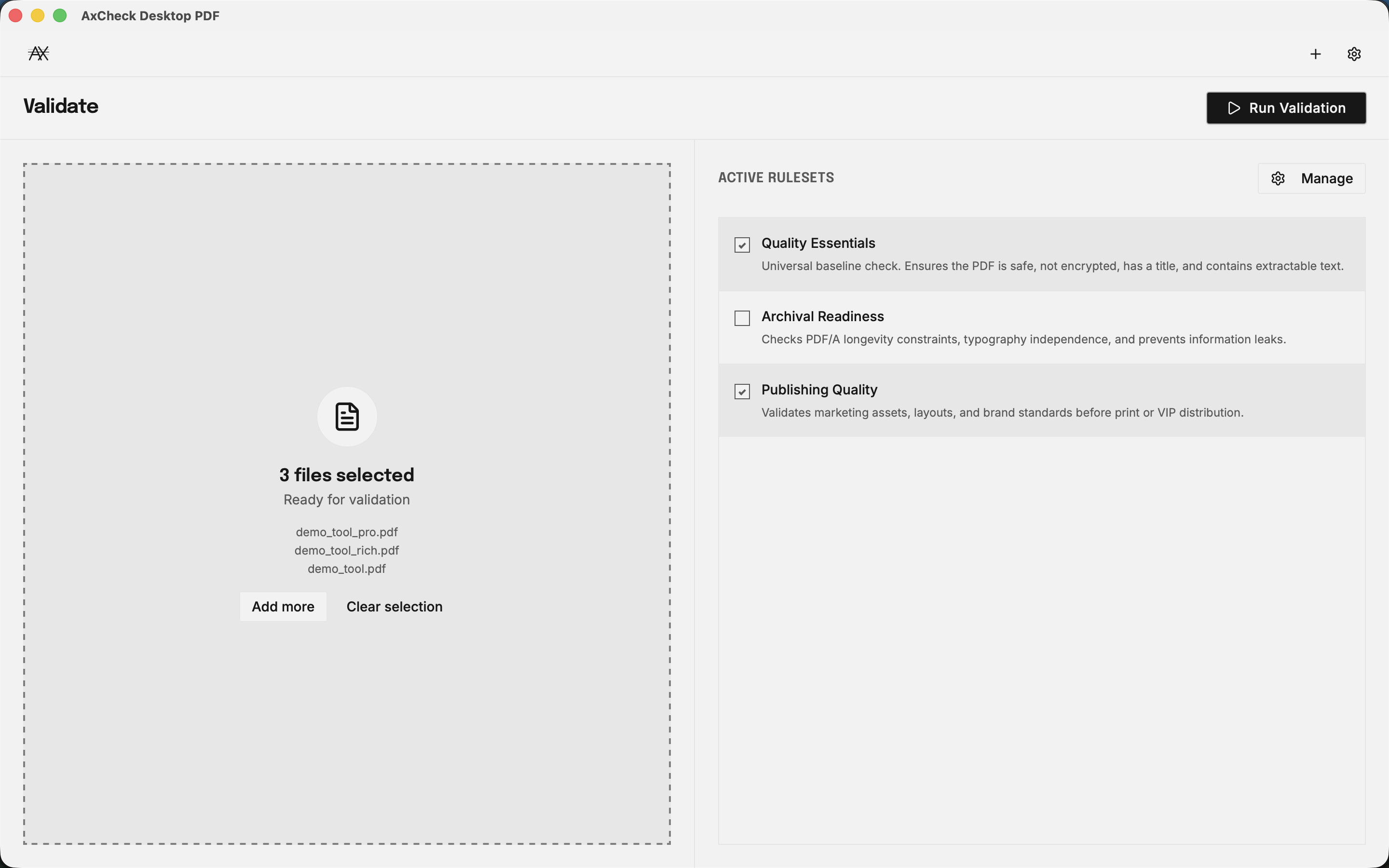 AxCheck document and PDF validation desktop app showing rule-based pass and fail results