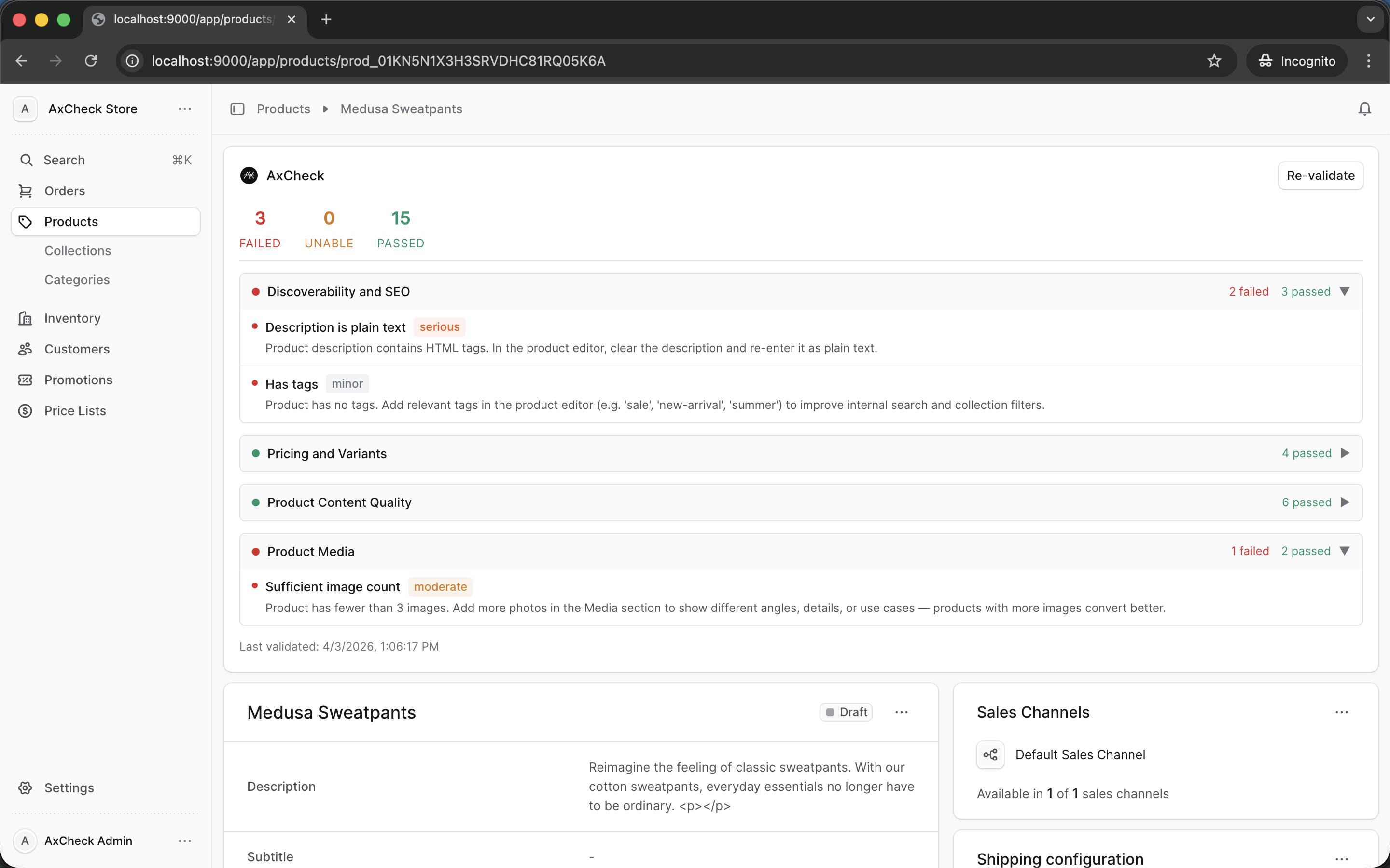 AxCheck ecommerce validation widget inside Medusa admin